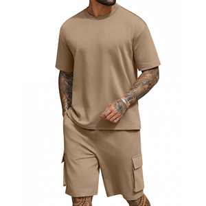 OEM Men's Terry Fabric Geometric Pattern Short Sleeve T-shirt & Shorts 2-Piece Custom Casual Summer Tracksuit Set Wholesale - Product Image 1