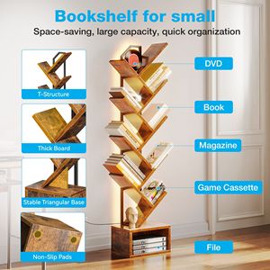 Étagère à livres en forme d'arbre à 8 niveaux avec lumières LED, bibliothèque rustique en MDF, étagère de rangement sur pied pour l'organisation de la maison et du bureau - Product Image 2