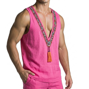 Men's Wholesale Deep V-Neck Sleeveless Shirts Ethnic Embroidery Tassel Tank <b>Top</b> Customizable Boho Style Beach Vacation Tank <b>Tops</b> - Product Image 2