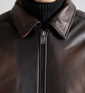 PIHA SPORTS Men's Brown Genuine Leather Winter Varsity Jacket Front Casual Style Color Blocking <b>Rivet</b> Rhinestone Embossed Design - Product Image 4