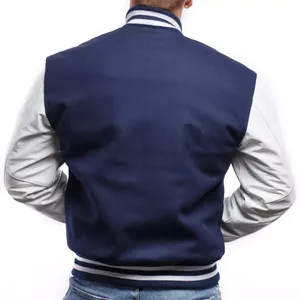 New <b>Royal</b> <b>Blue</b> Wool Black Leather College Bomber <b>Jacket</b> Stand Collar Varsity Letterman High Street Design Front Logo-for Winter - Product Image 2