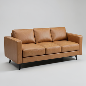 Sofá de Cuero Vacuno Genuino de Estilo Moderno de Mediados de Siglo, Sofá de Cuero Marrón de 3 Plazas, Diseño Minimalista con Estructura de Madera Maciza para Sala de Estar - Product Image 1