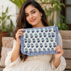 Bohemian Cotton Frill Pouch With Floral Embroidery And Zipper Closure Blue White Patterned Design For Daily Use - Product Image 1