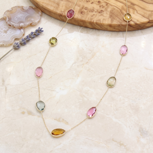 Natural High Quality Geometric Mix Shaped Multi Tourmaline 18k Solid Yellow Gold Handmade Women's Charm <b>Statement</b> <b>Necklace</b> Gift - Product Image 6