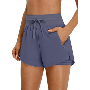 Shorts de sport gris taille haute pour femme en polyester avec poches latérales zippées, respirants, pour la course et l'entraînement - Product Image 1