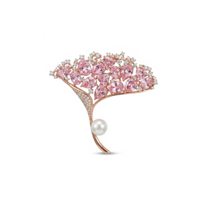 Broche romantique en or rose avec pierres roses taillées en forme de poire et perle d'eau de mer pour femme, bijoux de mariage - Product Image 3
