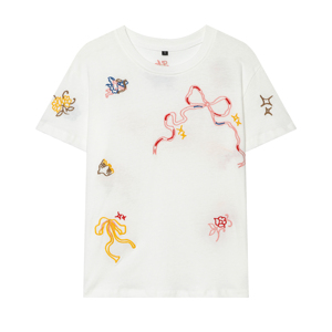 Camiseta Blanca de Manga Corta con Cuello Redondo y Bordado Floral para Mujer, Diseño Lindo, Corte Holgado, Primavera Verano, Top de Algodón Jersey - Product Image 1