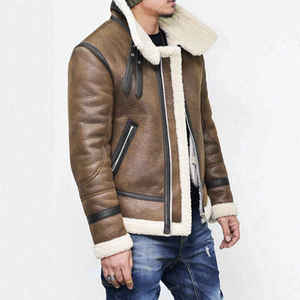 Blouson bomber en cuir véritable marron pour homme, doublé en sherpa, fermeture éclair, vêtement d'extérieur d'hiver, style moto décontracté - Product Image 2