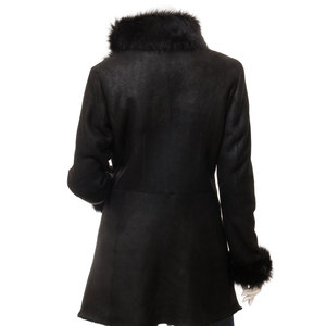 Manteau long asymétrique en daim pour femme avec col et poignets en fourrure, fermeture éclair, coupe-vent d'hiver - Product Image 2