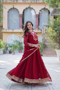 Vestido Anarkali con bordado color granate real para mujer, traje festivo étnico indio con dupatta a juego, colección para fiestas. - Product Image 5