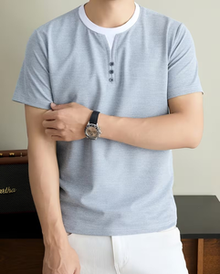 Men's Short Sleeve O Neck Solid Gray 100% Cotton Front Logo Casual T-Shirt Regular Fit Breathable - Product Image 4