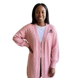 Cárdigan largo rosa para mujer, de punto trenzado, con frente abierto, ajuste holgado, manga larga, estilo casual, tejido de punto, fabricante de logotipos personalizados - Product Image 1