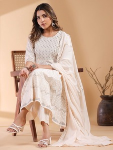 Conjunto de Kurta Anarkali, Pantalón y Dupatta Bordado Color Crema Marfil para Mujer, Elegante Traje Étnico Indio de Tres Piezas para Fiestas - Product Image 3