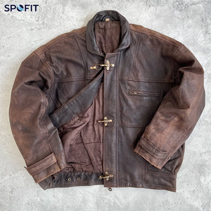 Brown Leather <b>Jacket</b> Moto Biker Style Stand Collar <b>Short</b> Length Regular <b>Sleeve</b> Solid Color Button Closure Autumn Wear - Product Image 6