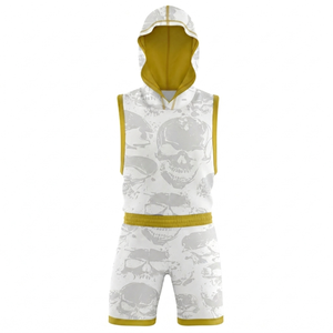 Unisex Hooded Sleeveless Vest Set Skull Print <b>White</b> Yellow Trim Breathable Polyester All Seasons Adult Sport Wear - Product Image 1