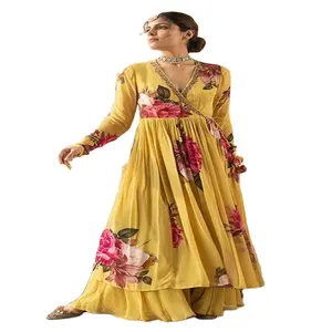 Desainer Pakaian Pesta Berat Anarkali Setelan Tradisional India Pakistan Salwar Kameez Gaun Buatan Tangan Harus Desain Bekerja Pada Chif Sutra