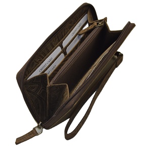 Women's Genuine Leather Long <b>Wallet</b> Floral Embossed Zipper Closure Vintage Style Handmade Daily Use - Product Image 2
