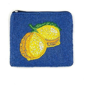 Beaded Lemon Embroidered Cotton <b>Square</b> Casual Coin Pouch Zipper Handmade Cosmetic Storage Bag - Product Image 1