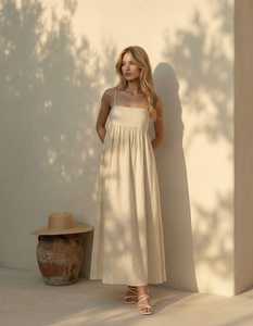 <b>Boho</b> Woven Eco-friendly V-neck Flared Hem Maxi Dress Women Spaghetti Strap Solid Color Loose Fit Summer Beach Wear 100% Linen - Product Image 6