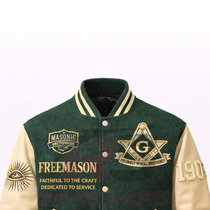 Chaqueta Universitaria Personalizada de Estilo Masónico – Cuerpo de Lana Premium con Mangas de Cuero PU y Símbolos Bordados - Product Image 2