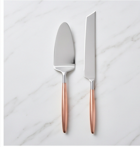 Ensemble de 2 spatules et couteaux à gâteau en acier inoxydable avec manche en cuivre, pour service et usage domestique - Product Image 1