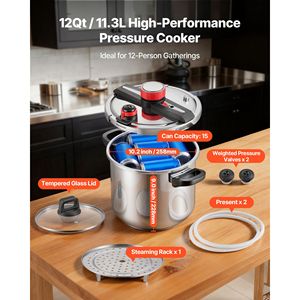Autocuiseur en acier inoxydable de 12 litres avec couvercle en verre trempé et grille de cuisson vapeur, autocuiseur à triple pression par - Product Image 4