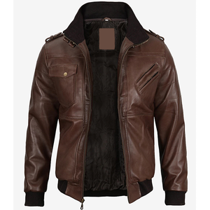 2026 OEM Best Selling Brown Cowhide Leather <b>Jacket</b> For Men's Hood Collar <b>Zipper</b> <b>Pockets</b> 100%High Quality Low MOQ Fashion <b>Jackets</b> - Product Image 6