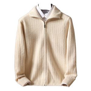 Cardigan en laine crème pour homme, fermeture éclair intégrale, col mandarin, manches classiques, couleur unie, tricot anti-boulochage, idéal pour l'hiver - Product Image 1