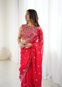 Sari en soie Fendy brodé de paillettes, ensemble avec pièce de blouse non cousue, tenue de fête et de festival, sari indien ethnique, vêtement régional - Product Image 5