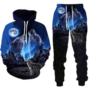 Men's Breathable <b>Wolf</b> Print Tracksuit 2-Piece Hood and Pant Sportswear Personalized Jogger Suit for <b>Winter</b> for Sports Couples - Product Image 1