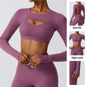 Women's Eco-Friendly Solid Purple 2-Piece Yoga <b>Set</b> <b>Square</b> Neck Sleeveless Crop Top High Waist Leggings Seamless Cut-Out Design - Product Image 4
