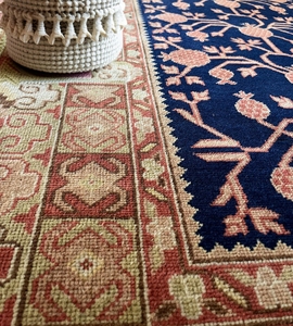 พรมขนสัตว์ถักมือสีน้ำเงินกรมท่าลายต้นไม้แห่งชีวิตสไตล์โอเรียนทอลสำหรับห้องโถงและห้องนั่งเล่น - Product Image 2