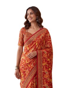 Sari en soie traditionnel indien rouge à imprimé numérique Ajrak avec blouse brodée de miroirs pour femme, tenue de mariage, longueur au sol, coupe classique - Product Image 4