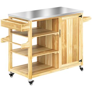 Carrello da Cucina con Piano in Acciaio Inox e Legno Massello, Finitura in Legno Naturale, Isola da Cucina per Esterni su Ruote - Product Image 1