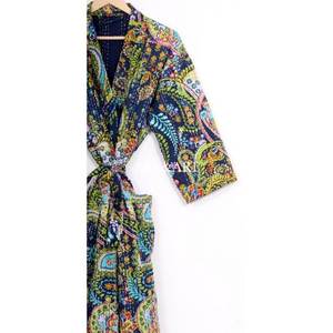 Peignoir 100% Coton Indien Patchwork Fait Main Style Kantha Kimono Tenue de Nuit Taille Unique Motif Floral d'Été Col en V - Product Image 6