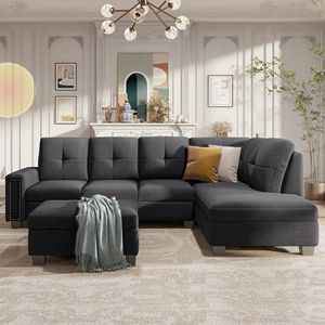 Divano Sezionale a L Reversibile Grande con Pouf Contenitore e Rivetti Decorativi, Design Salvaspazio per Dormitori, Appartamenti e Soggiorni - Product Image 1