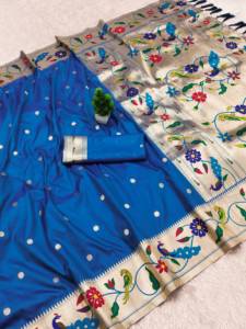 Sari en soie Pethani bleu doux, style Banarasi, avec motifs tissés Zari et Pallu tissé Meenakari, pour mariage et festivals - Product Image 6