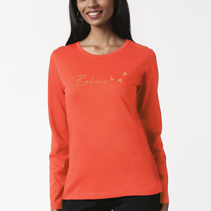 เสื้อยืดคอกลมแขนยาวผู้หญิง สีส้ม พิมพ์ลาย Believe สวมใส่สบาย ผ้าฝ้ายถัก 100% ระบายอากาศได้ดี ทรงปกติ ใส่ได้ทุกฤดู - Product Image 1