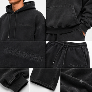 Ensemble de survêtement décontracté Vocksin en molleton épais noir délavé coupe droite pour homme avec pantalon large et sweat à capuche - Product Image 4