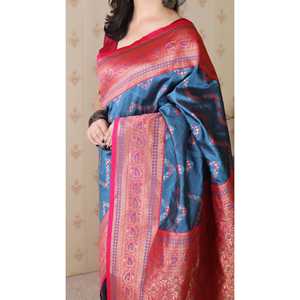 Robe de soirée en soie douce bleu denim Elite Weaves Banarasi, sari tissé ZigZag Meenakari Zari 650g - Product Image 2