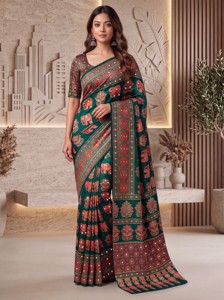 Sari en soie imprimé numérique Ajrak avec broderie miroir véritable, tenue ethnique traditionnelle indienne, idéal pour mariage, fête, ou comme cadeau moderne. - Product Image 2