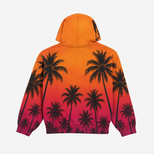 Sudadera con capucha informal para hombre, diseño OEM ODM, estampado de palmeras en degradado naranja, con bolsillo canguro y logotipo personalizado. - Product Image 2