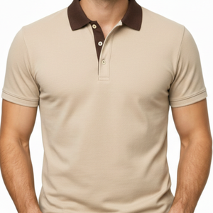 Polo beige para hombre, más vendido, con cuello en contraste marrón, manga corta, estilo urbano, corte ajustado, informal. - Product Image 2