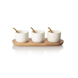 Ensemble de trois bols de service en marbre avec plateau en bois, taille personnalisée, vaisselle, bol de service aux meilleurs prix - Product Image 1