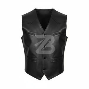 Chaleco Occidental de Cuero Genuino para Hombre, Negro, Cierre de Broches Frontales, Cuello en V, OEM, Venta al Por Mayor, Chaleco de Cuero Sintético Transpirable para Hombre - Product Image 1