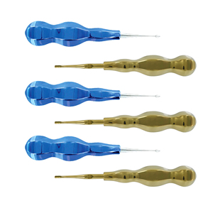 Élévateurs dentaires manuels courbés en titane doré de la série Signature, personnalisables, pour extraction et luxation, approuvés CE Classe I - Product Image 1