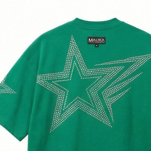 T-shirt vert surdimensionné pour homme Malika, manches courtes, col rond, imprimé pailleté, motif étoile, style streetwear, jersey tricoté respirant - Product Image 6