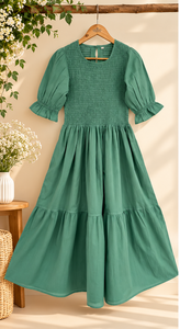 Robe longue en coton vert uni pour femme, avec corsage smocké, manches à volants, robe longue à plusieurs niveaux, robe décontractée d'été, robe bohème - Product Image 1