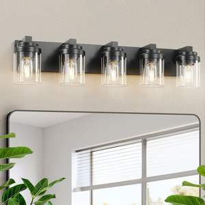 Modern 5-<b>Light</b> Bathroom <b>Vanity</b> <b>Light</b> 31\" Black Glass Shade Wall Sconce with <b>Mirror</b> for Bedroom Porch Hallway-Bulbs Not Included - Product Image 1