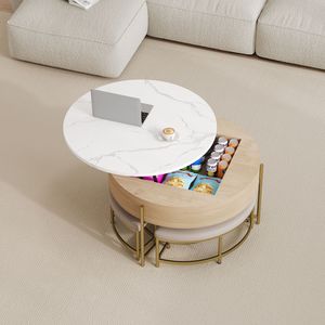 Modern <b>Round</b> Lift Top Coffee <b>Table</b> with Storage 3 <b>White</b> and Natural Ottoman <b>White</b> and Natural Color - Product Image 6